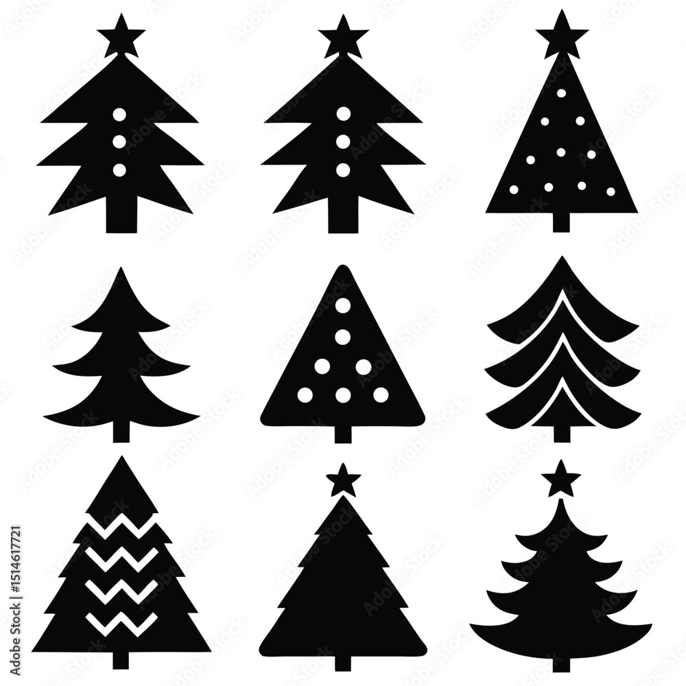 Obraz premium Collection of black christmas tree icons with various styles for festive design and holiday decor