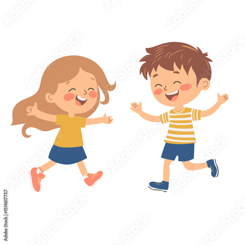 Joyful Embrace of Childhood: Two happy children, a boy and a girl, joyfully run towards each other, their arms outstretched in a playful embrace. The image captures the innocence, fun.