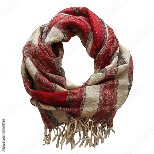 Red and beige striped scarf fashion accessory winter wear neck warmer cozy style for women and men apparel % cotton on transparent background
