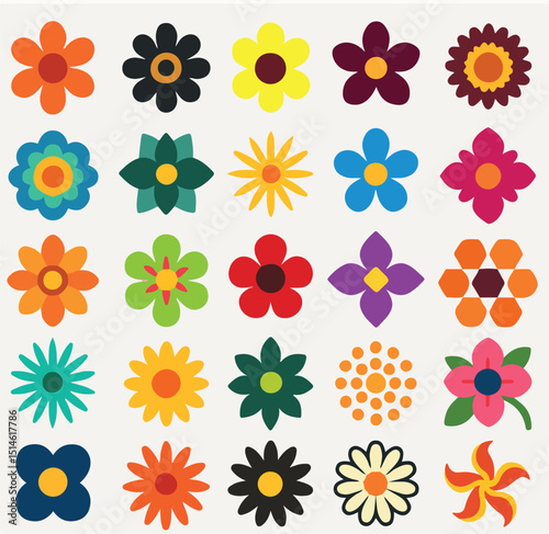 A vibrant grid of twenty-five uniquely styled flowers, each bursting with bold colors and playful petal designs on a white background.