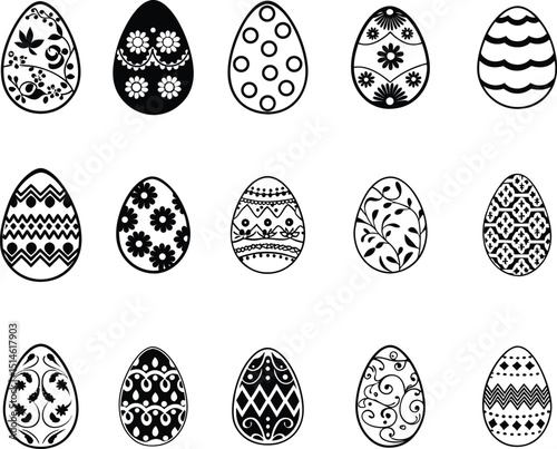 Silhouette Set of Decorative Easter Egg Bunny, Flowers & Bow Laser Cut. isolated on white background. Happy Easter Egg Hunt Designs.