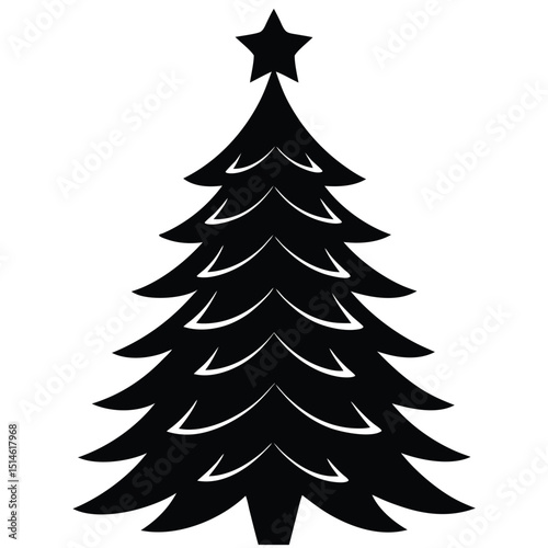 Elegant black and white christmas tree silhouette with star shaped treetop for holiday decorations