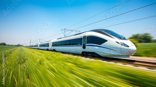 A high speed train moving rapidly through the countryside on a bright sunny day with blue skies above created with generated ai