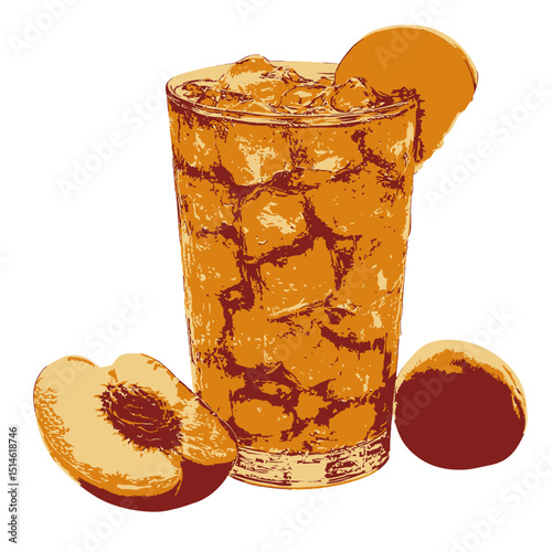Refreshing peach iced tea drink with ice cubes in glass for summer beverage and fruit drink recipe idea on transparent background
