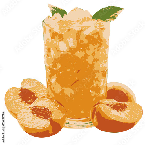 Refreshing peach iced tea recipe summer drink with fresh peaches and basil leaves for a healthy beverage on transparent background