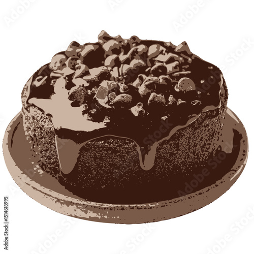 Delicious chocolate cake with chocolate chips and icing for dessert and sweet treats recipe ideas on transparent background