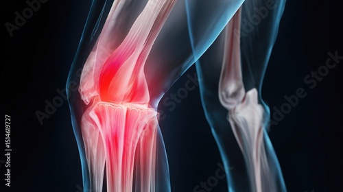 Upper leg and hip joint are highlighted, focusing on anatomy such as muscles, tendons, and ligaments. The joint shows signs of motion, revealing intricate structures in action