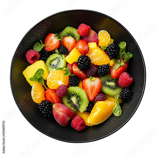 Delicious mixed fruit salad in black bowl isolated on transparent background