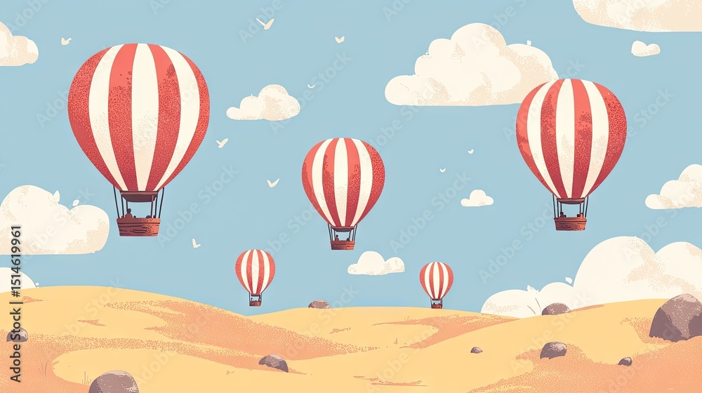Fototapeta premium Striped hot air balloons float above a desert landscape.