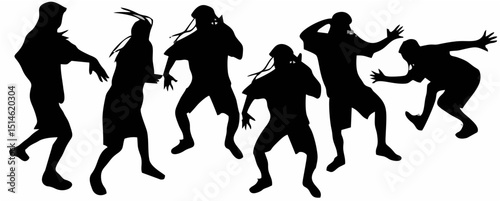 a group of muscular humanoid fantasy characters in various action poses, silhouetted in black against a white background, highly detailed, cinematic lighting, digital art, concept art, fantasy illustr