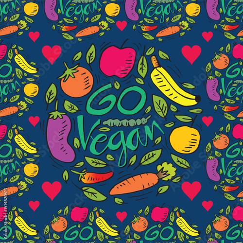 Seamless pattern with hand drawn vegetables and fruits.. Go Vegan concept.