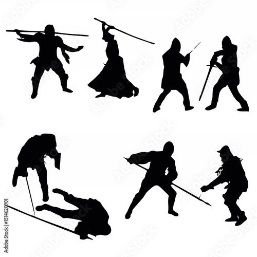 samurai silhouettes, dramatic action poses, traditional japanese warrior figures, minimalist black and white illustrations, martial arts stances, dynamic fighting gestures, japanese historical charact