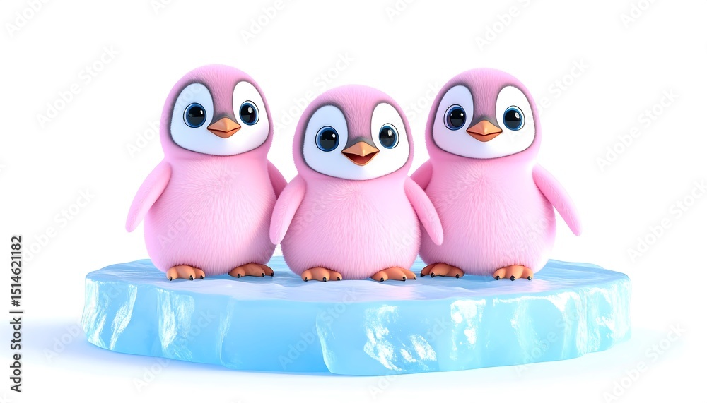 Obraz premium 3D rendered cute baby pink penguins with big eyes, soft fur, sitting on ice