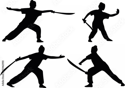 muscular silhouettes of martial artists performing karate poses,highly detailed digital illustration,dark moody lighting,dramatic shadows,cinematic composition,bold contrasting shapes,monochrome color