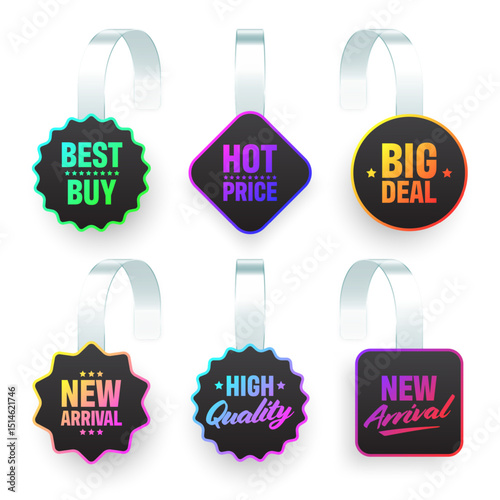 Colorful neon supermarket promotional wobblers. Realistic wobbler template for shelf advertising. Sale or discount label with ad text. Special offer price tag. Vector illustration
