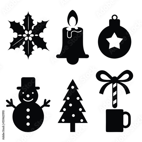 Black and white christmas icons set featuring festive holiday decorations and symbols