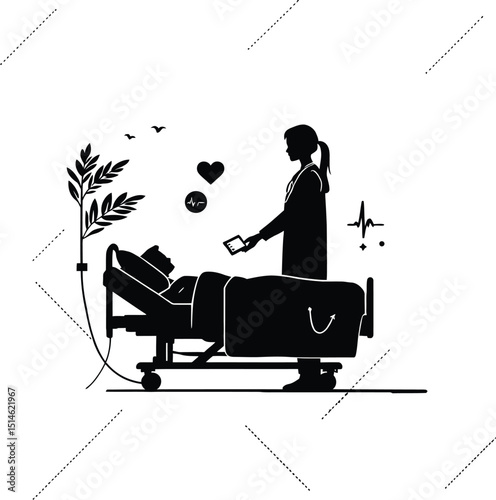 Doctor or nurse attending to patient in hospital bed with IV and heart monitor vector silhouette