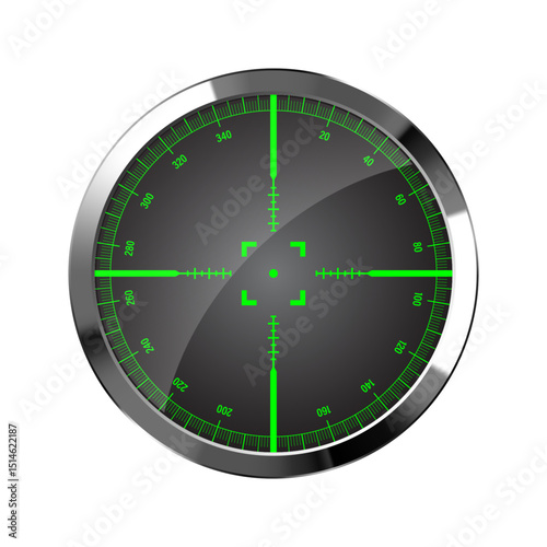 Chrome weapon night sight, sniper rifle optical scope. Hunting gun viewfinder with crosshair. Aim, shooting mark symbol. Military target sign, silhouette. Game UI element. Vector illustration