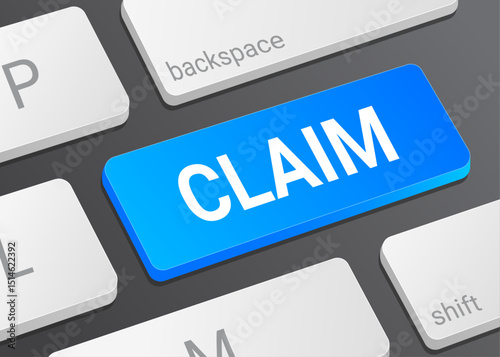 Close Up Claim Button on Laptop or Computer Keyboard for Insurance, Refund, and 3D Finance Illustration