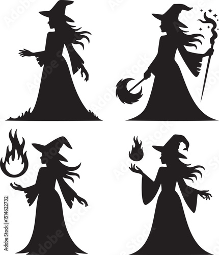 Witches silhouette set vector illustration isolated On Transparent Background