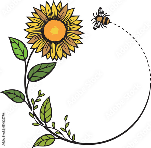Sunflower and Honeybee Illustration – Nature-Inspired Floral Artwork

