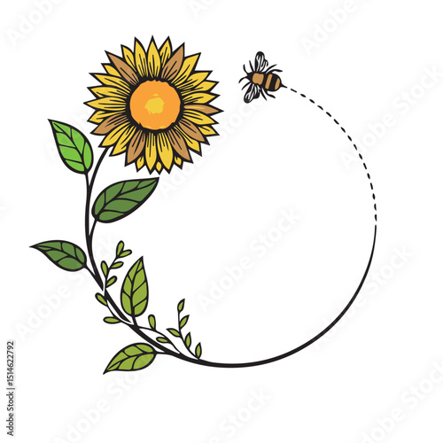 Sunflower and Honeybee Illustration – Nature-Inspired Floral Artwork

