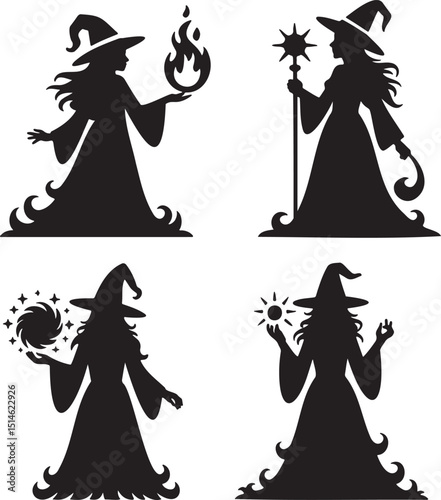 Witches silhouette set vector illustration isolated On Transparent Background