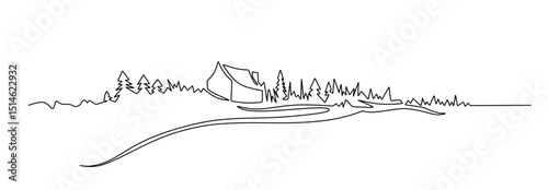 Rural landscape continuous one line vector drawing. Lake house in the woods hand drawn silhouette. Country nature panoramic sketch. Village minimalistic contour illustration.