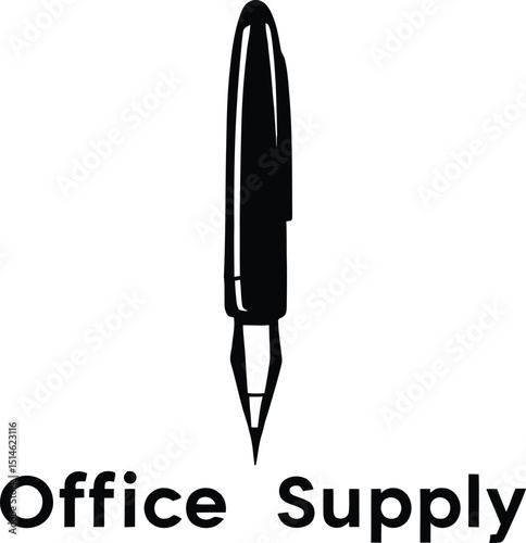 Classic fountain pen pointing down vector silhouette icon for "Office Supply" and writing tools