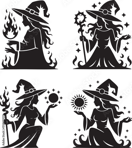 Witches silhouette set vector illustration isolated On Transparent Background