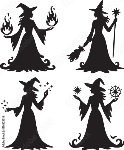 Witches silhouette set vector illustration isolated On Transparent Background
