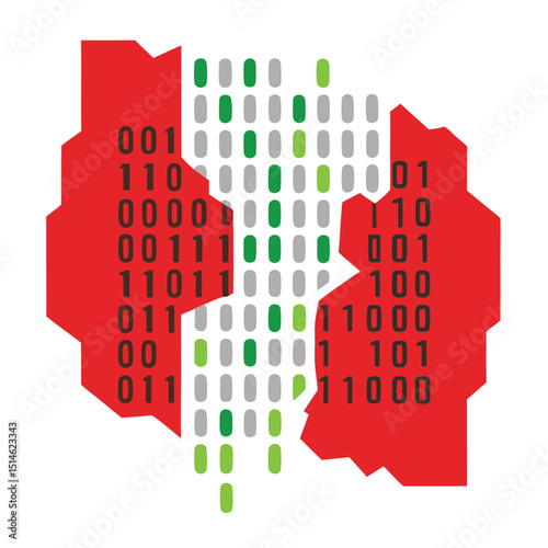 Abstract red shapes with binary code representing digital data and technological concepts