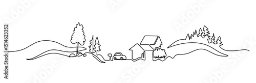 Rural landscape continuous one line vector drawing. Lake house in the woods hand drawn silhouette. Country nature panoramic sketch. Village minimalistic contour illustration.