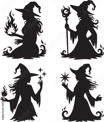 Witches silhouette set vector illustration isolated On Transparent Background