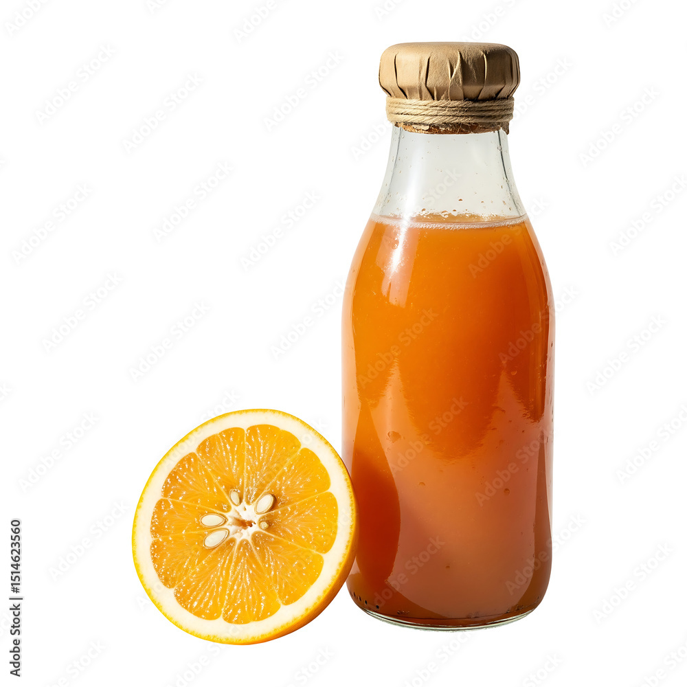 Fresh orange juice bottle with half orange for healthy lifestyle and wellness drink concept image on transparent background Fresh orange juice bottle with half orange for healthy lifestyle and wellness drink concept image on transparent background