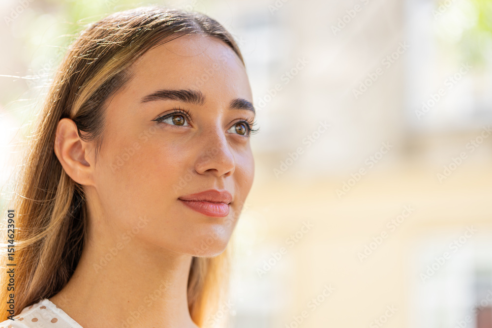 Fototapeta premium Close-up portrait of happy young woman face smiling friendly open eyes glad expression looking away dreaming resting relaxation feel satisfied good news outdoors. Pretty adult lady on city street.