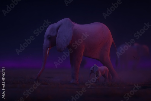 Elephant family walking at dusky twilight