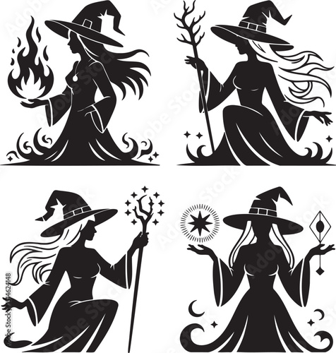 Witches silhouette set vector illustration isolated On Transparent Background