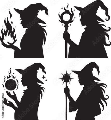 Witches silhouette set vector illustration isolated On Transparent Background