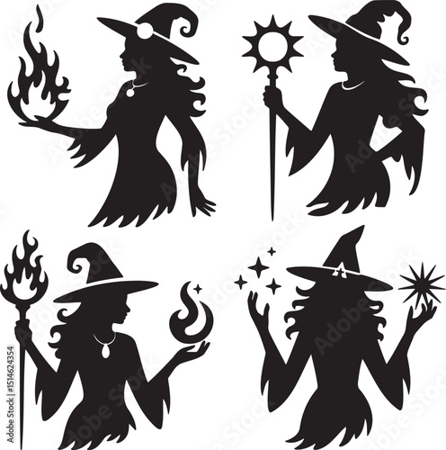 Witches silhouette set vector illustration isolated On Transparent Background