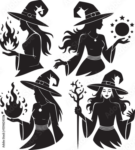 Witches silhouette set vector illustration isolated On Transparent Background