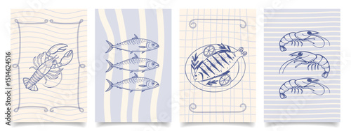 Collection of hand drawn italian cuisine posters. Seafood, fish, lobster, sardines. Mediterranean set. Seafood menu cards. Sketch illustration.