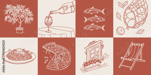 Collection of hand drawn posters with Italian food and summer elements. Pasta, seafood, pizza, lemons and wine. Mediterranean set. Sketch illustration.