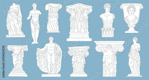 Collection of Classical ancient Greek and Roman sculptures and architectural elements. Sketch outline illustration.