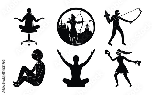 Collection  silhouette set  Of Black Silhouette Icons Showing People Wearing VR Goggles In Various Poses And Styles on white background 