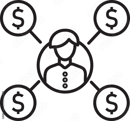 Black and white line illustration depicts person connected to three dollar signs, symbolizing financial connections or business networking. design is simple and minimalistic