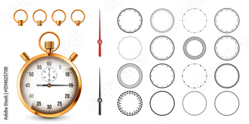 Realistic classic stopwatch. Shiny golden metal chronometer, time counter with dial. Countdown timer showing minutes and seconds. Time measurement for sport, start, finish. Vector illustration