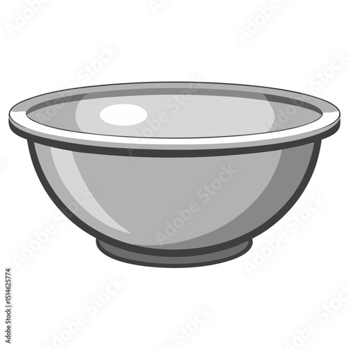 A simple gray mixing bowl illustration with a wide rim and curved bottom, featuring subtle shading and highlights to show its three-dimensional form, rendered in a clean, minimalist style.