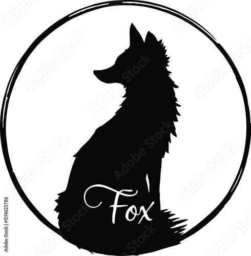 Stylish fox sitting silhouette in circular frame with "Fox" text vector for wildlife and nature design