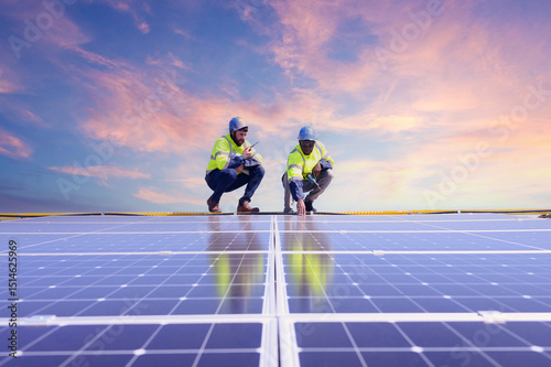 A team of engineers is laying out the installation of an outdoor solar panel system. Installing solar cells on the roof. Solar panels on the roof Workers install eco-technology photovoltaic power plan photo